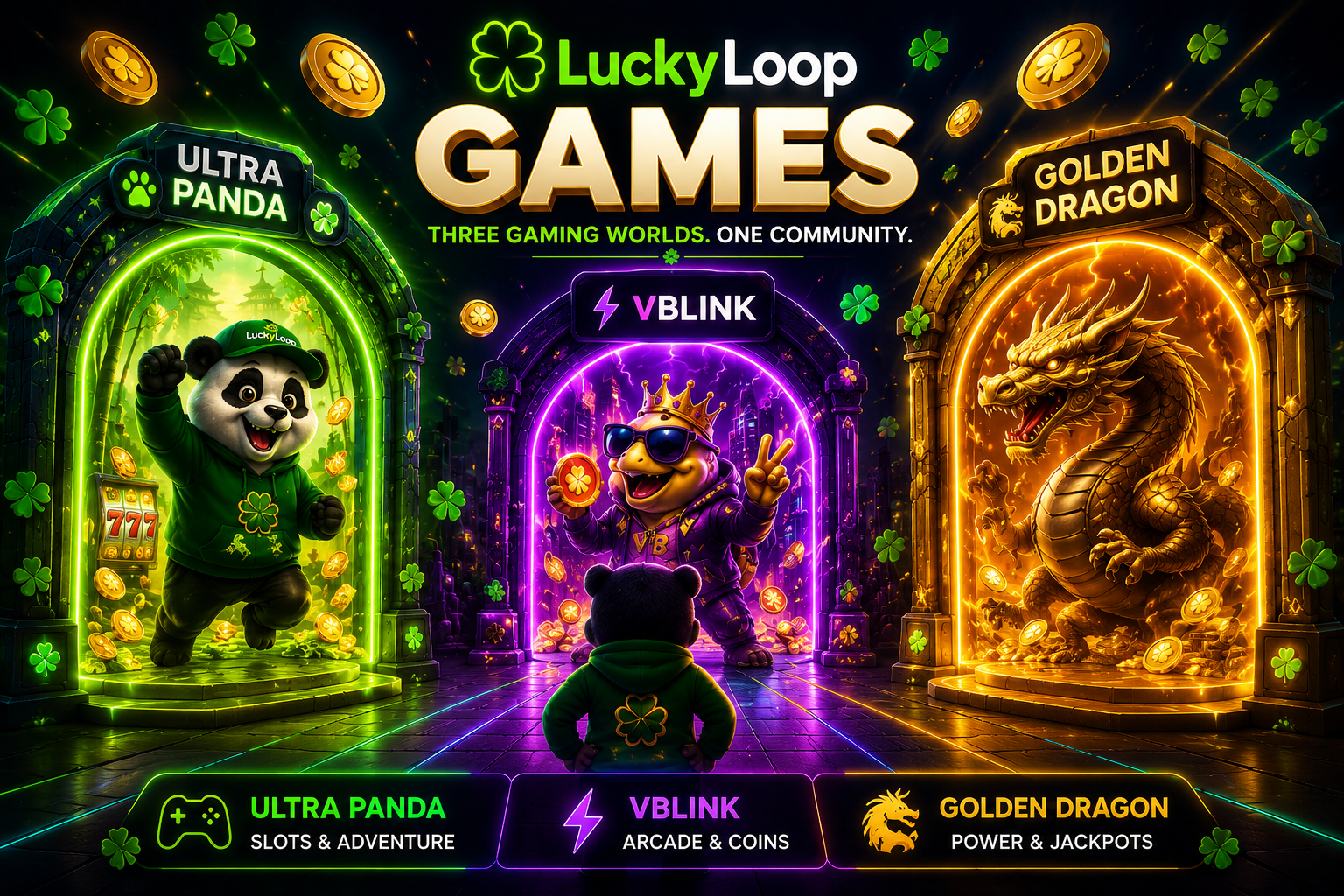 LuckyLoop game portals featuring Ultra Panda, VBlink, and Golden Dragon